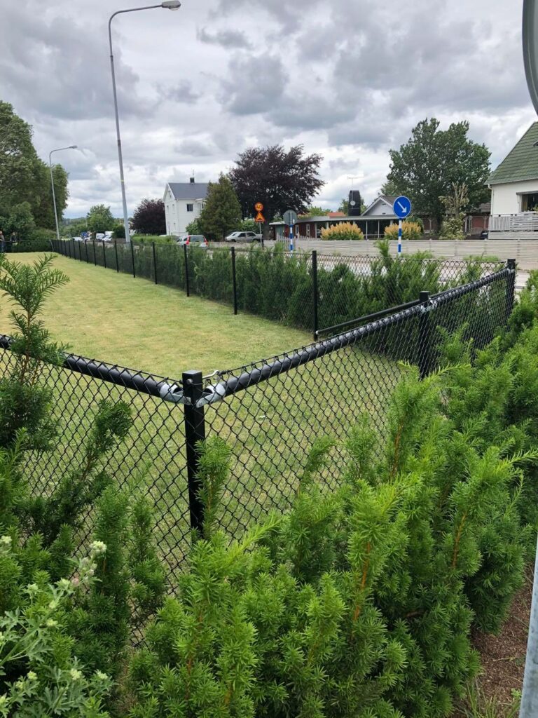 Ett svart stängsel som skiljer en privat trädgård från omgivande natur